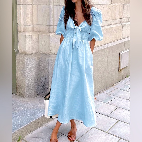 🔥 NWT Commense Linen Cotton Front Tie Midi Dress Medium - Picture 4 of 6